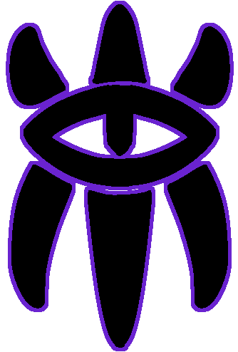  A black eye with claws coming out of the top and bottom and a purple outline.